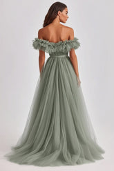 Dusty Sage Schulterfreies Rüschen A Linie Abendkleid